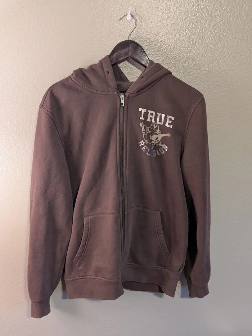 True Religion Men Brown Full Zip Hoodie Graphic Buddha Guitar Size M Oversize